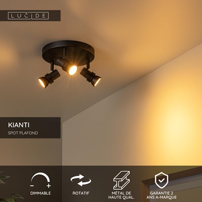 Lucide KIANTI - Spot plafond - Ø 21 cm - 3xGU10 - Noir